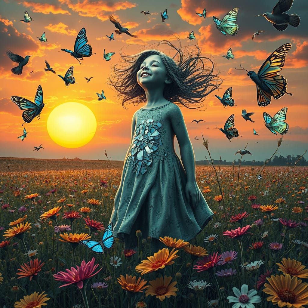 Surreal Sculpture: Child in Wildflower Field