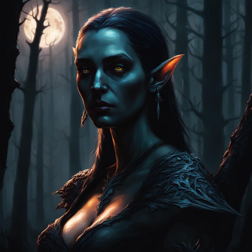 Eerie Elf in Dark Forest by Moonlight