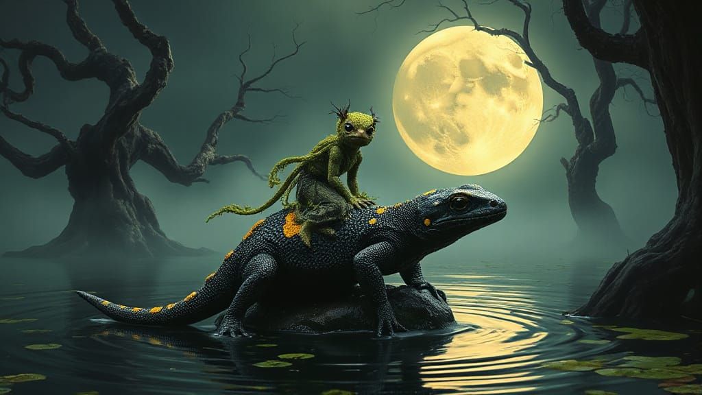 Forest Sprite on Salamander in Dreamlike Surrealism