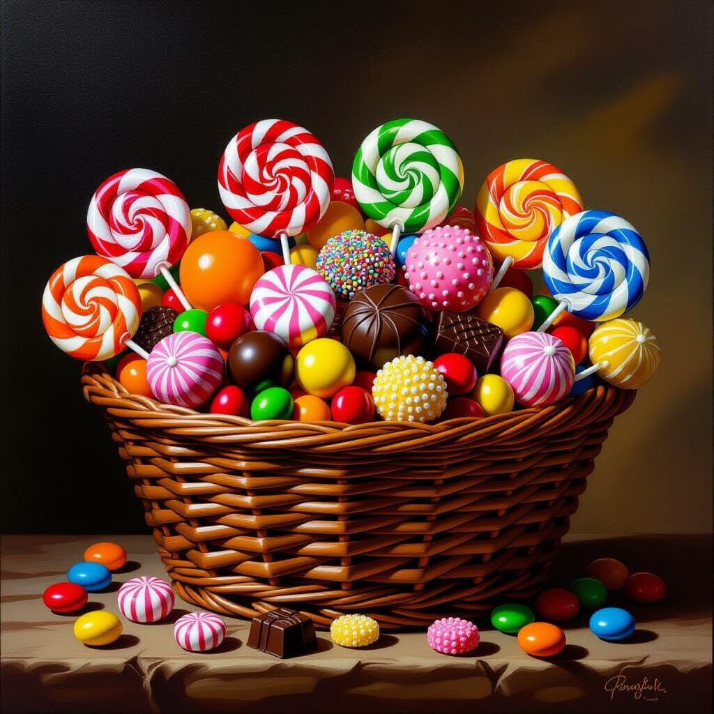Vibrant Candy Basket Still Life Oil Painting