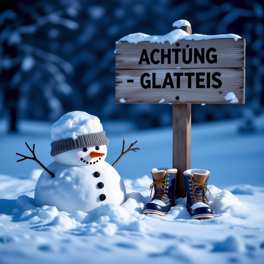 Snowman Stuck in Snow With Ice Warning Sign