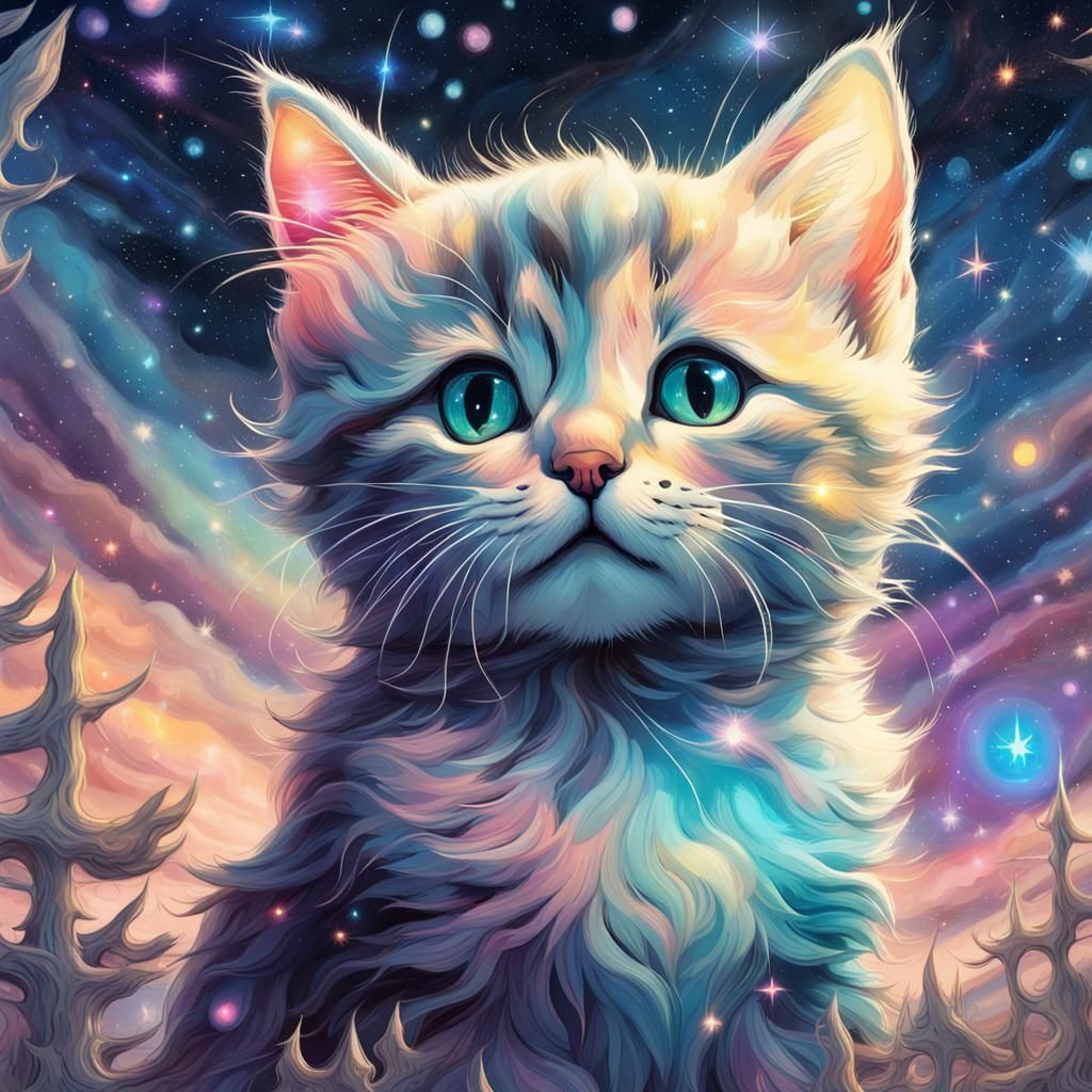 Kitten Gazing at Colorful Starry Night Sky