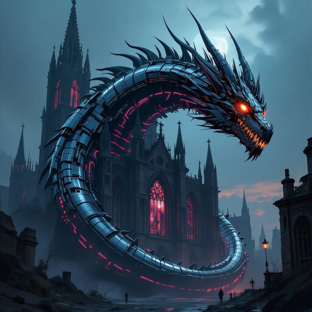 Biomechanical Dragon Coils Around Gothic Cathedral