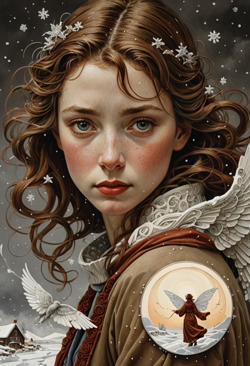Angelic Woman in Snowy Seascape, Rockwell Style