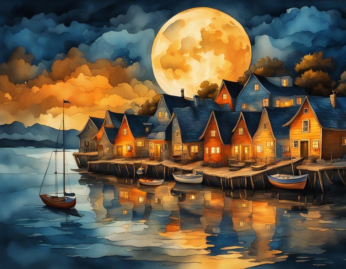 Moonlit Coastal Village in Detailed Digital Painting