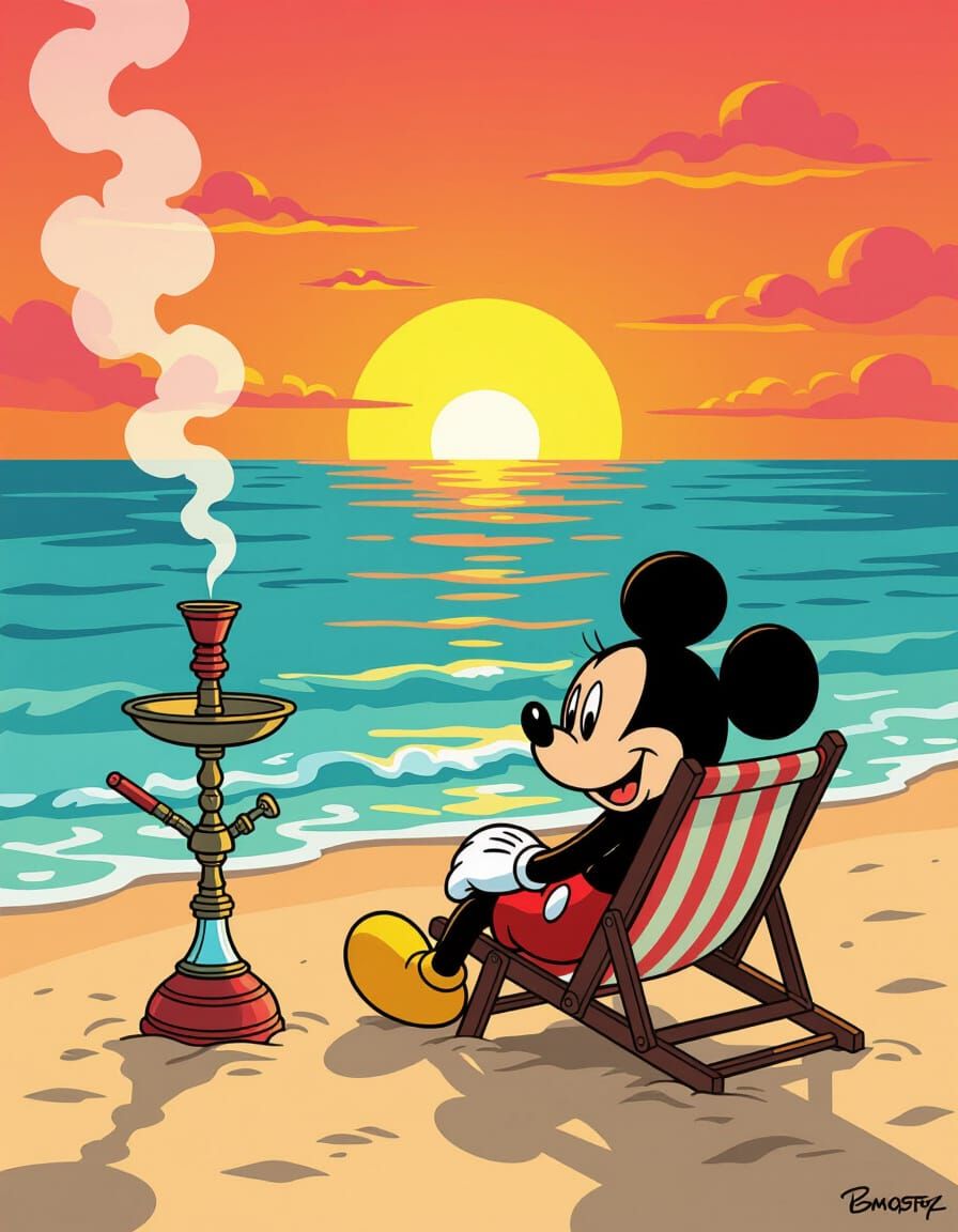 Mickey Mouse Relaxing on Beach by Shisha at Sunset