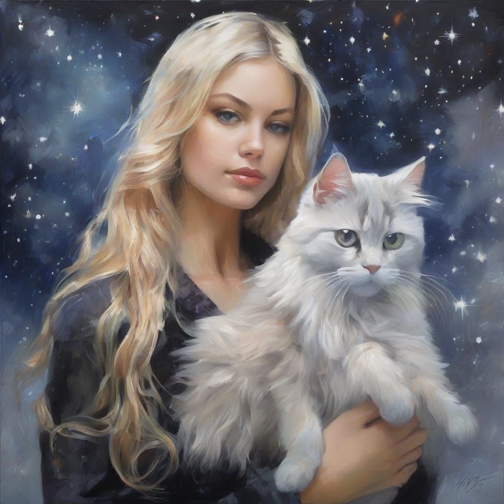 Majestic Woman Cradles Grey Tabby Cat Under Starry Night Sky