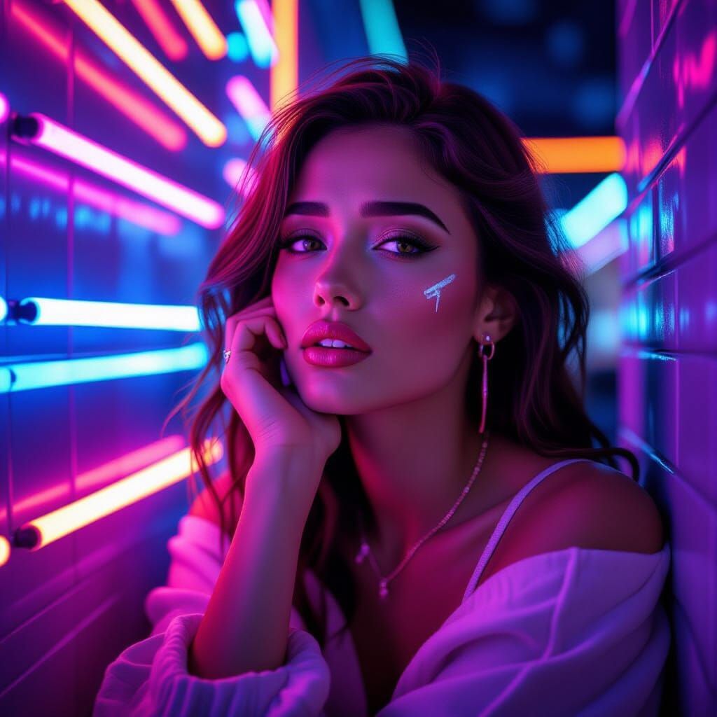 Woman Crying Against Brick Wall, Synthwave Neon