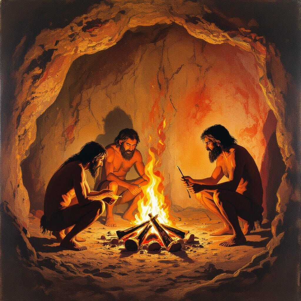 Cave Painting of Early Humans Discovering Fire