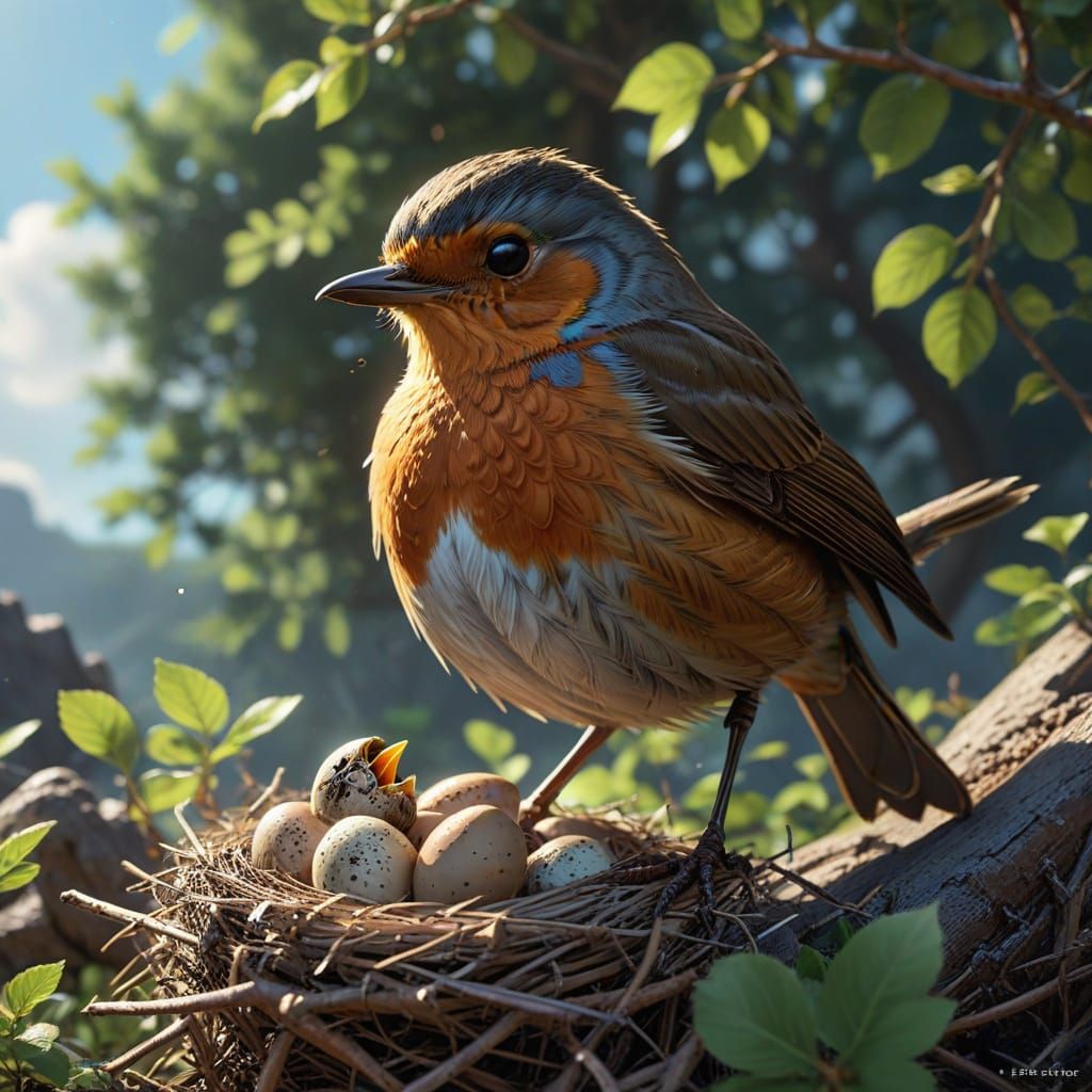 Cartoon Robin Family in Sunny Anime Style