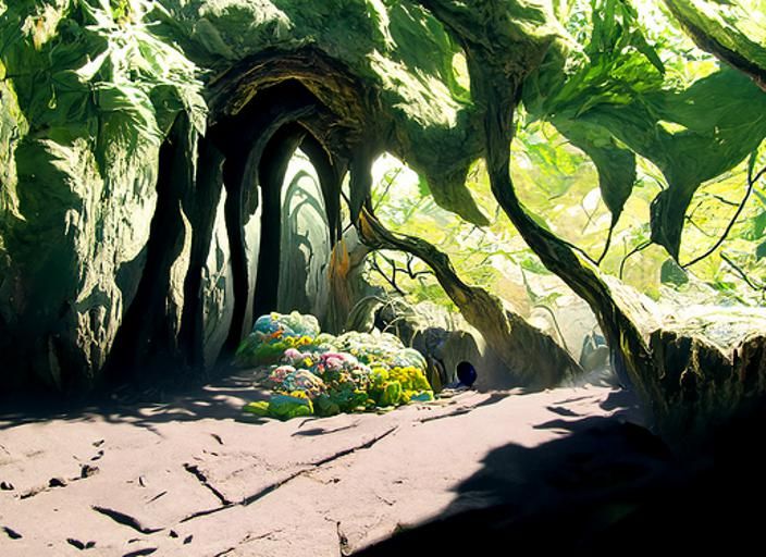 Travelers in a Whimsical Forest Cave Entrance