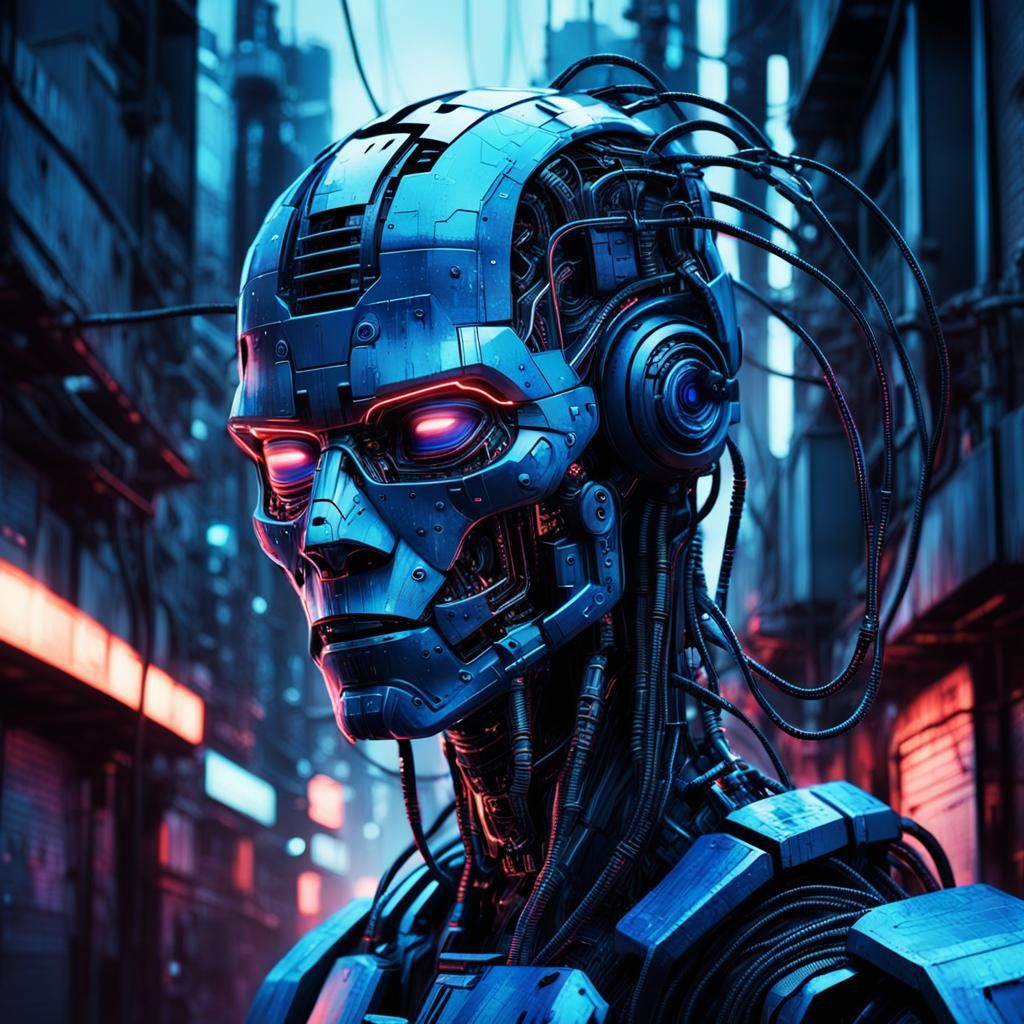 Cyberpunk Robot Sparks in Dystopian Cityscape