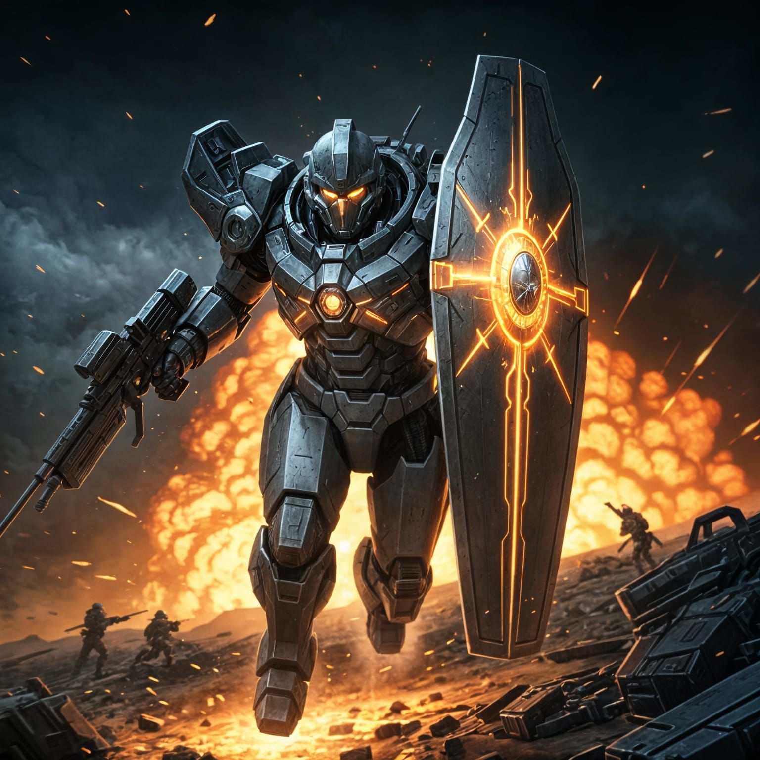 Cyberpunk Warrior Defies Explosive Battlefield