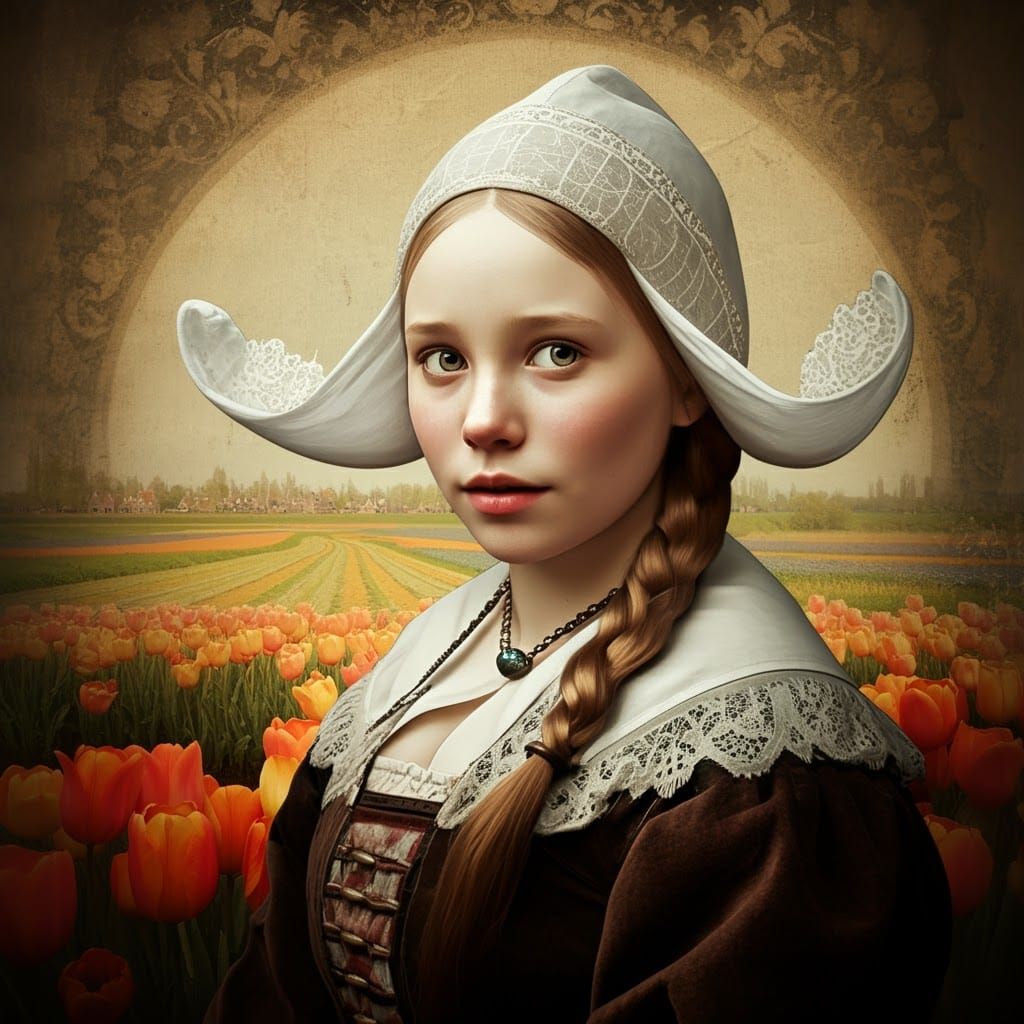 Elegant Dutch Girl in 17th-Century Attire, Set Against a Vib...