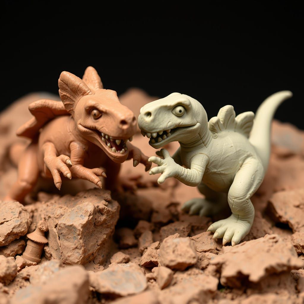 Hand-Sculpted Clay Dinosaurs Engage in Fierce Battle