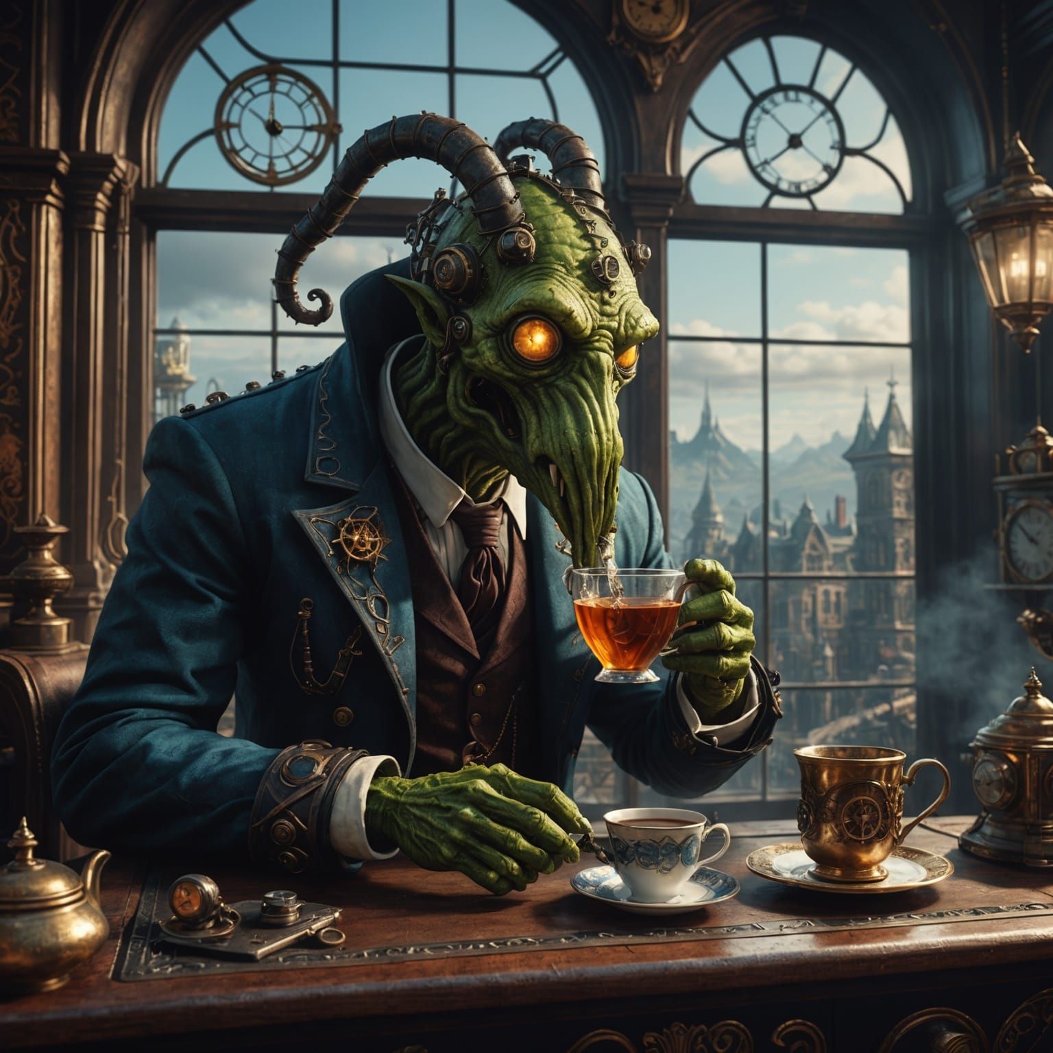 Lovecraftian Monster Sipping Tea in Steampunk Setting