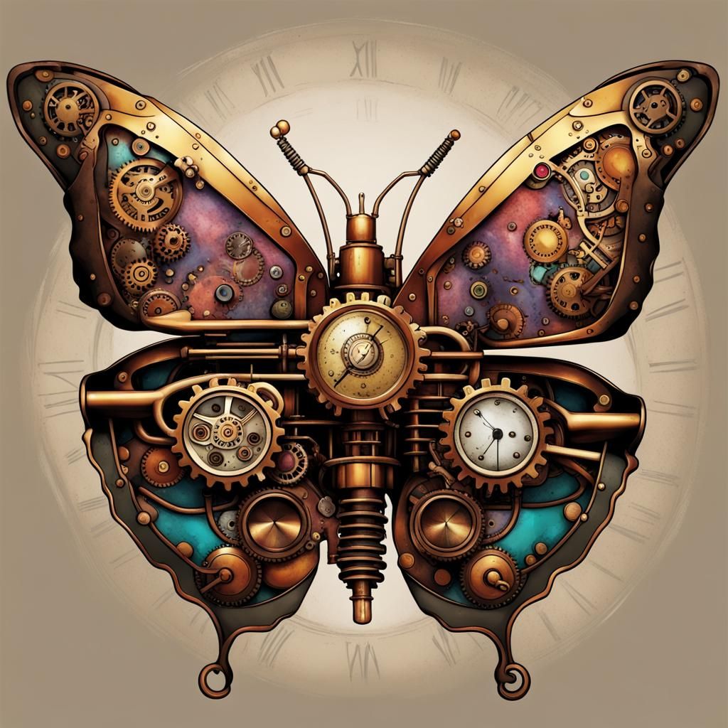 Colorful Steampunk Butterfly with Engine Detail