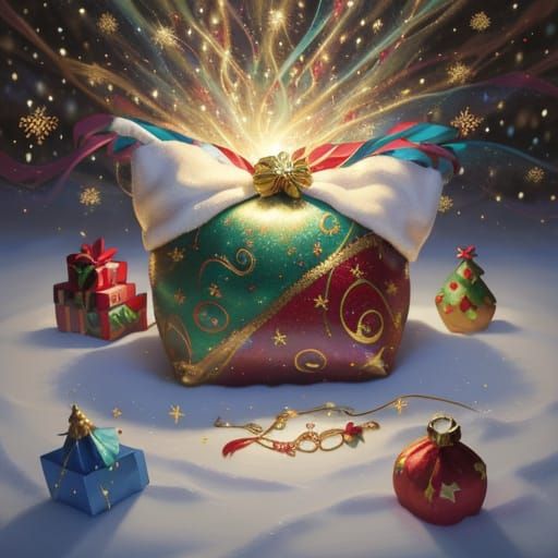 Santa's Sack Overflowing with Toys in Surreal Oil Painting