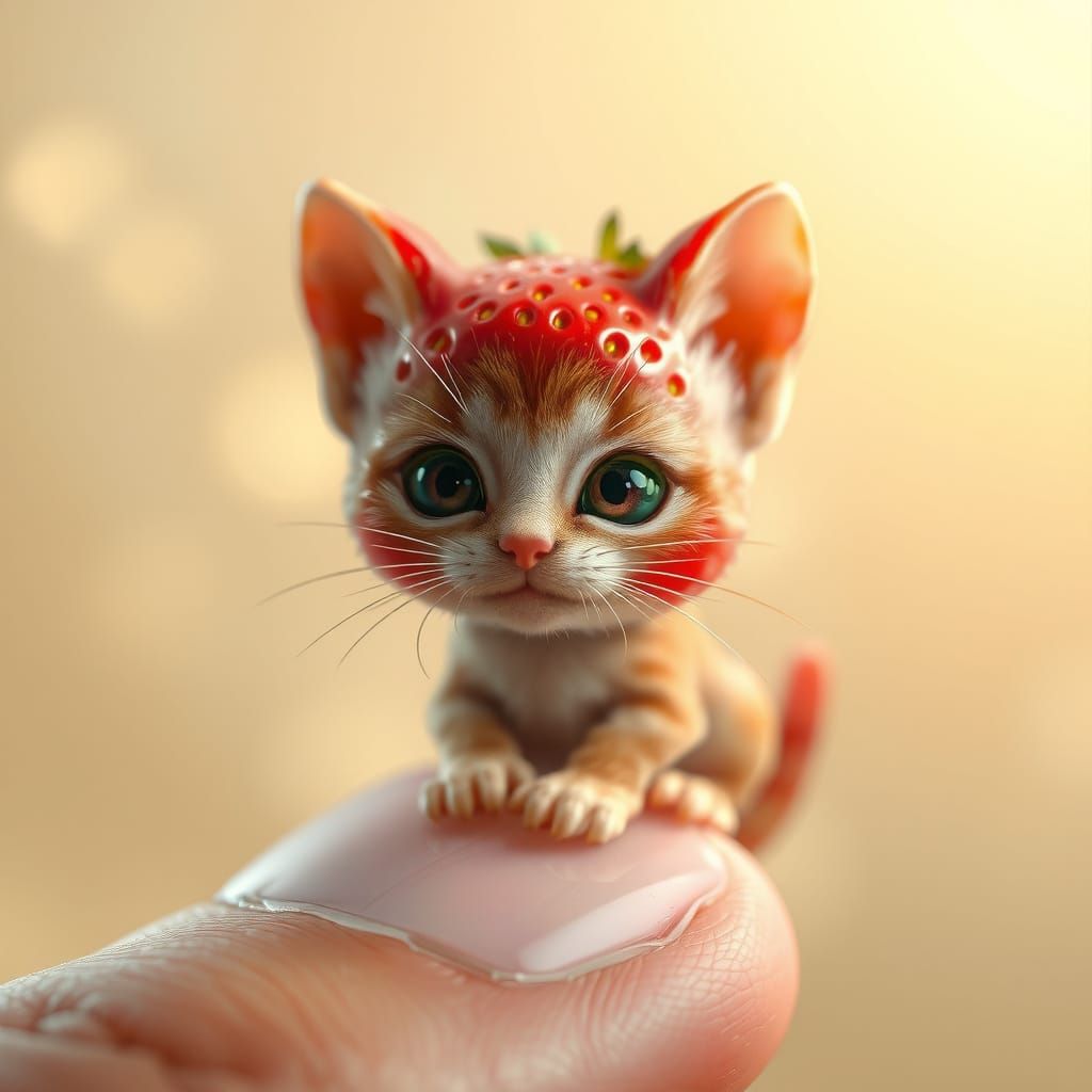 Whimsical Strawberry-Kitten Hybrid in Hyper-Realistic Style