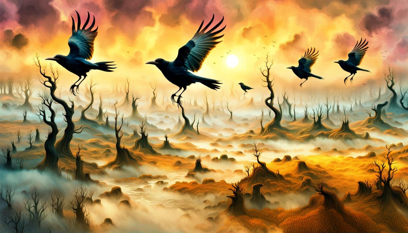 Surreal Melting Crows in Dreamlike Wasteland