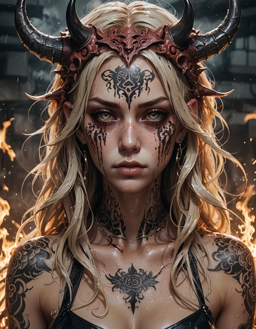 Anime Lady with Devil Ornament in Hyperrealistic Style