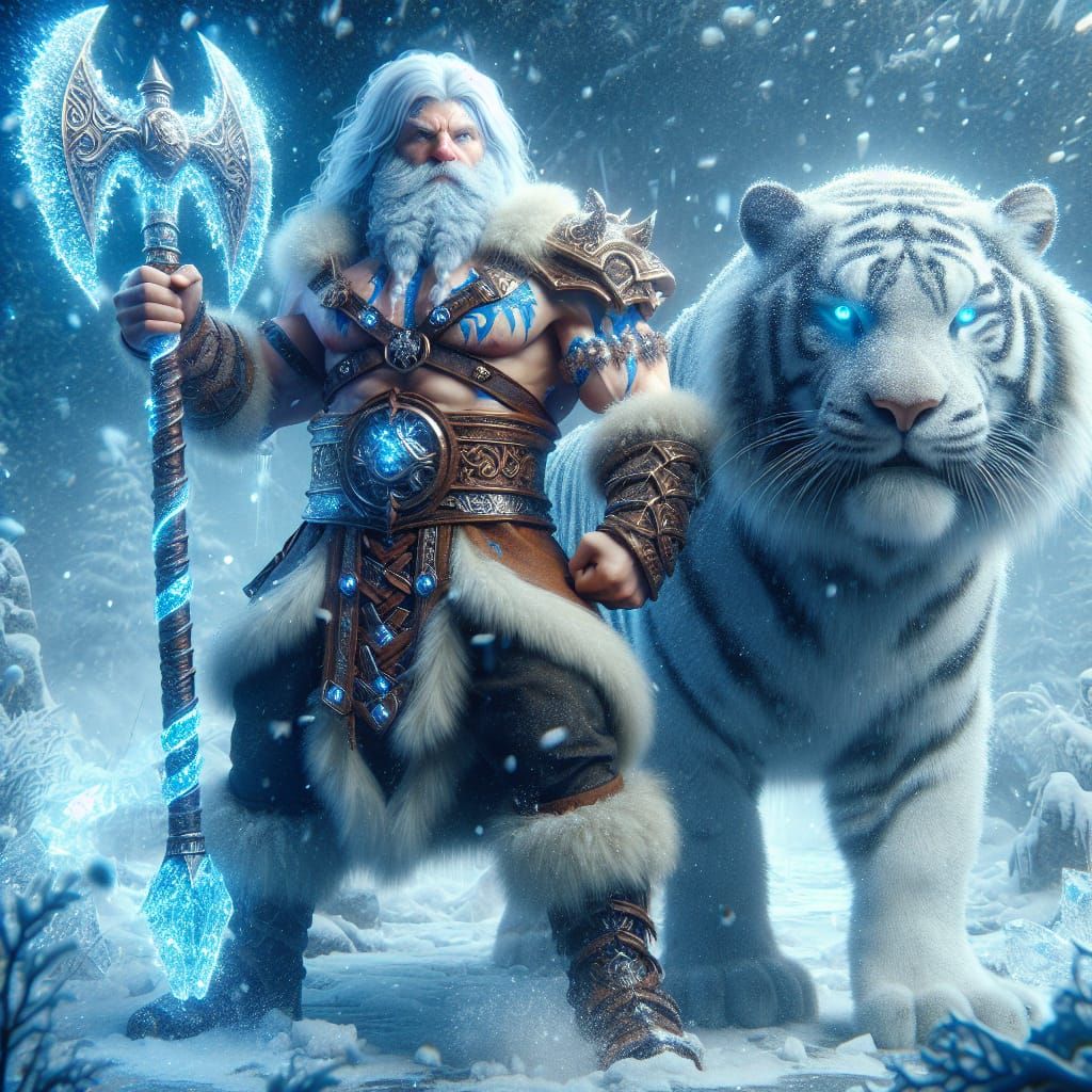 Caucasian Dwarf Warrior Poses with Majestic White Lion in Ic...