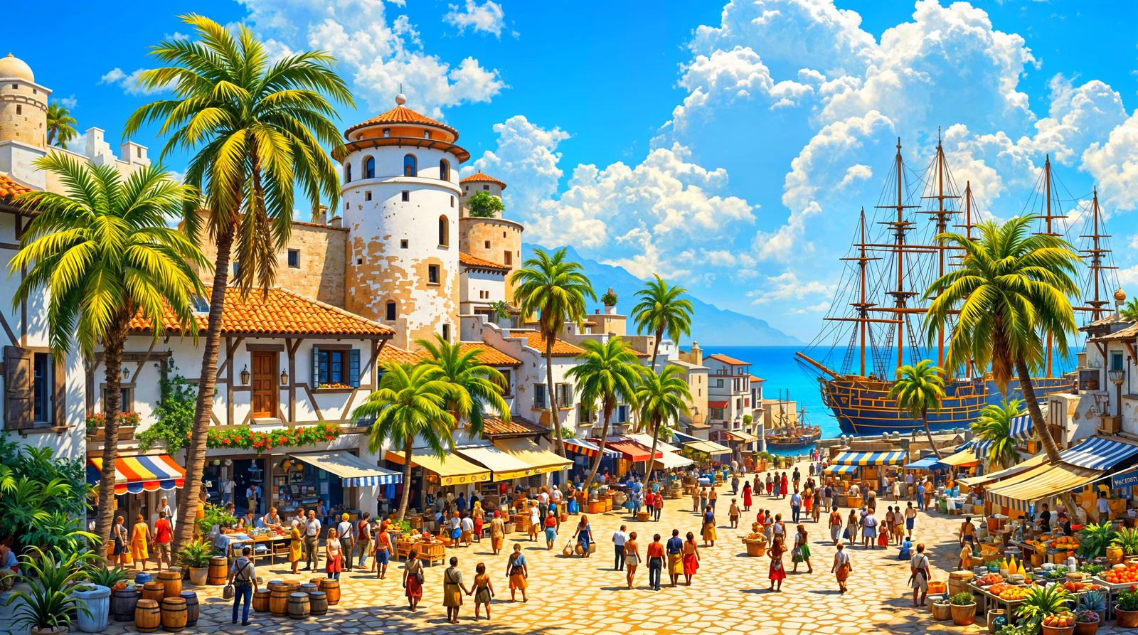 Vibrant Harbor Town in Warm Midday Sunlight