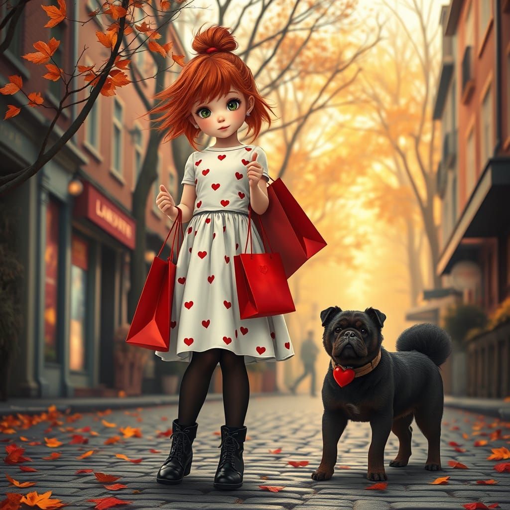 Whimsical Redhead Girl in Autumn Townscape