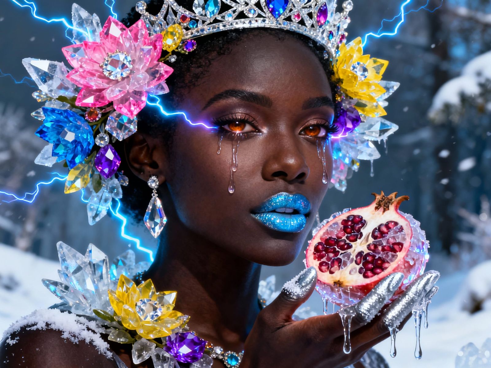 African American Woman With Ice Crystal Flowers