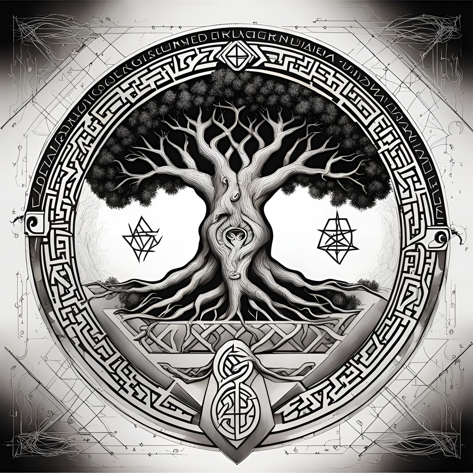 Yggdrasil Logo with Runes in Black and White