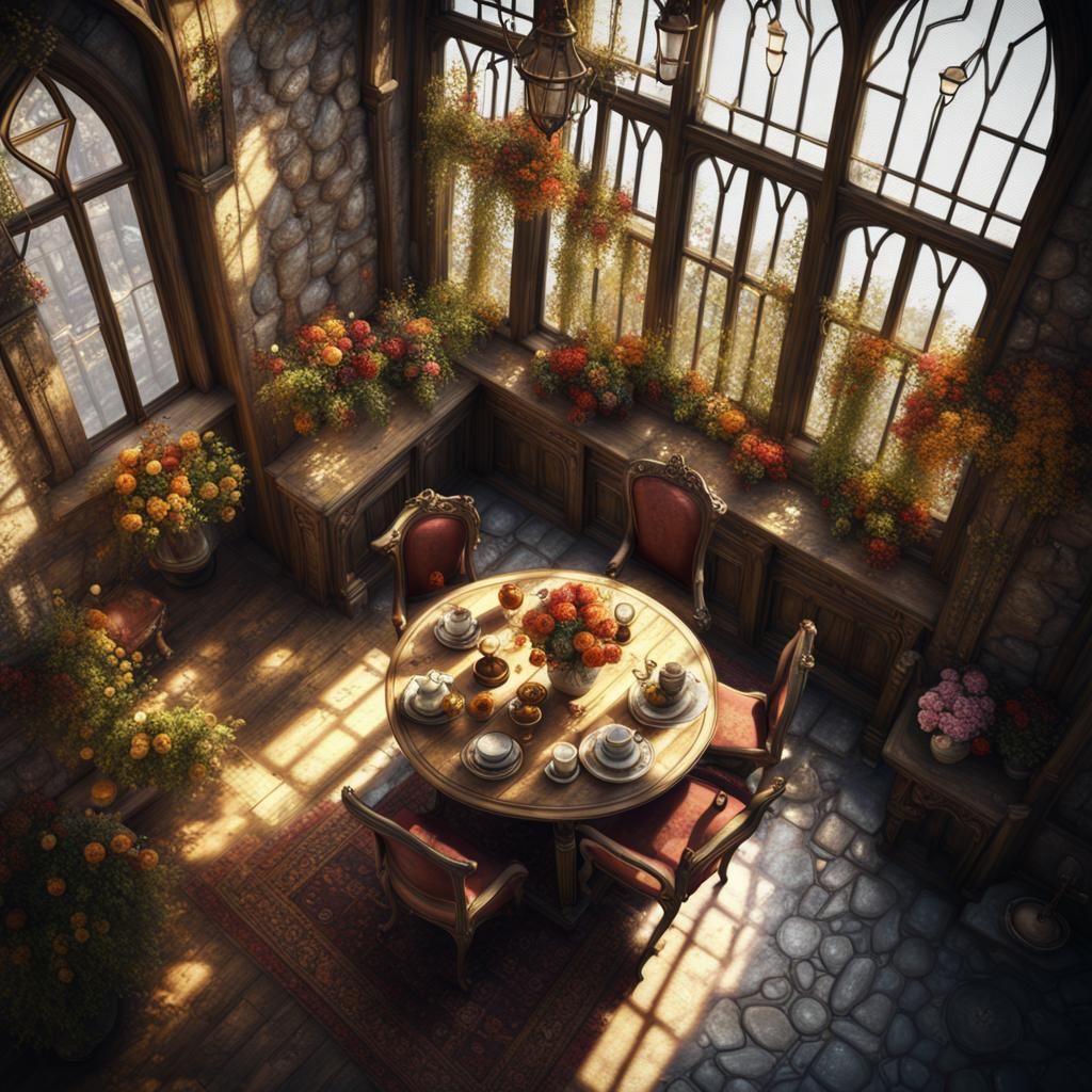 Medieval Sun Room with Tea Set in Fantasy Style
