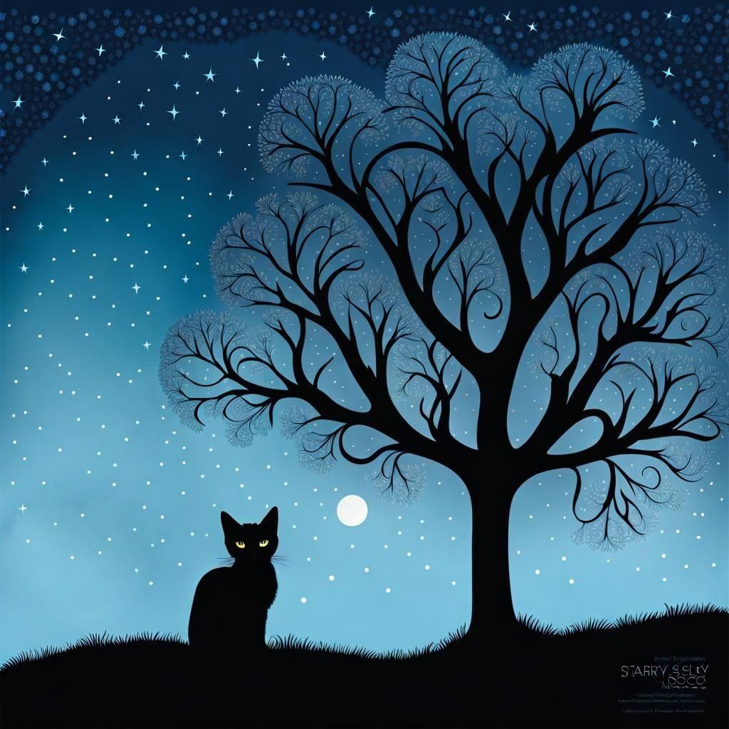 Black Cat Gazing at Starry Sky in Art Nouveau Style