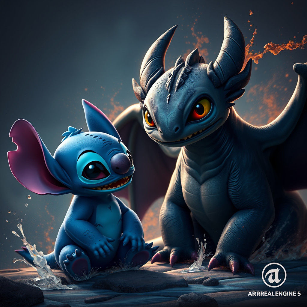 Stitch and Toothless Meeting: Fantasy Concept Art