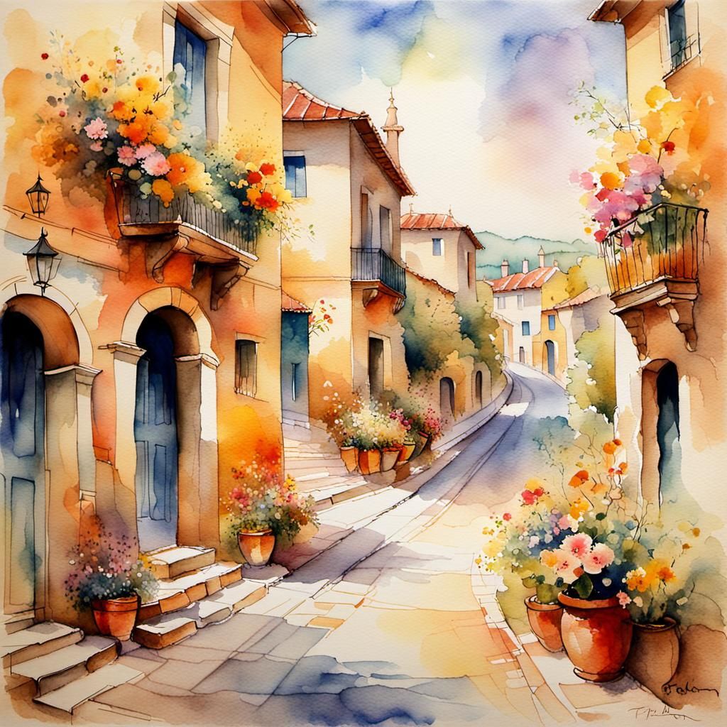 Spanish Village Street Watercolor Painting