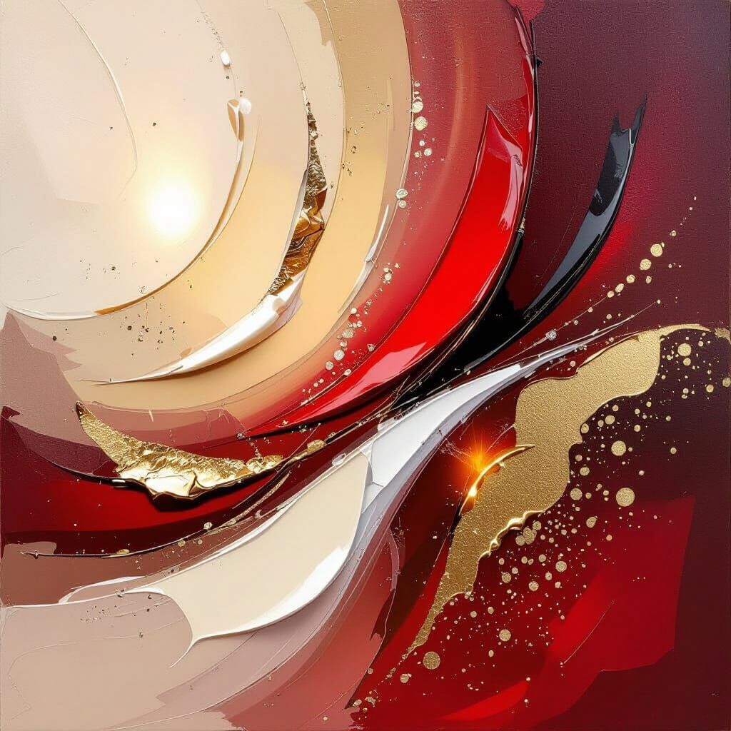 Festive Abstract Acrylic Painting with Gold and Red