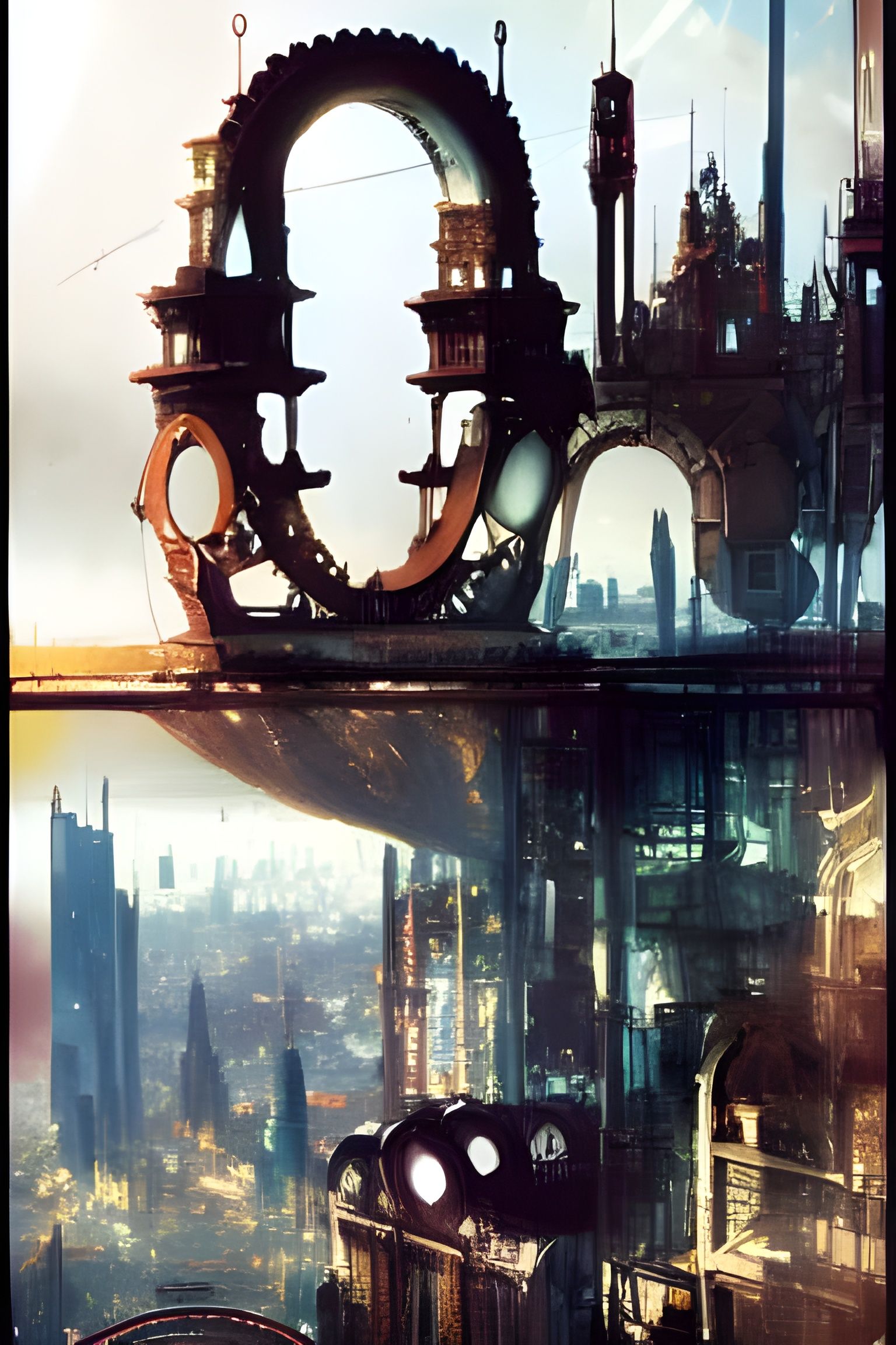 Futuristic Cityscape Through Metal Archway in Hyperdetailed ...