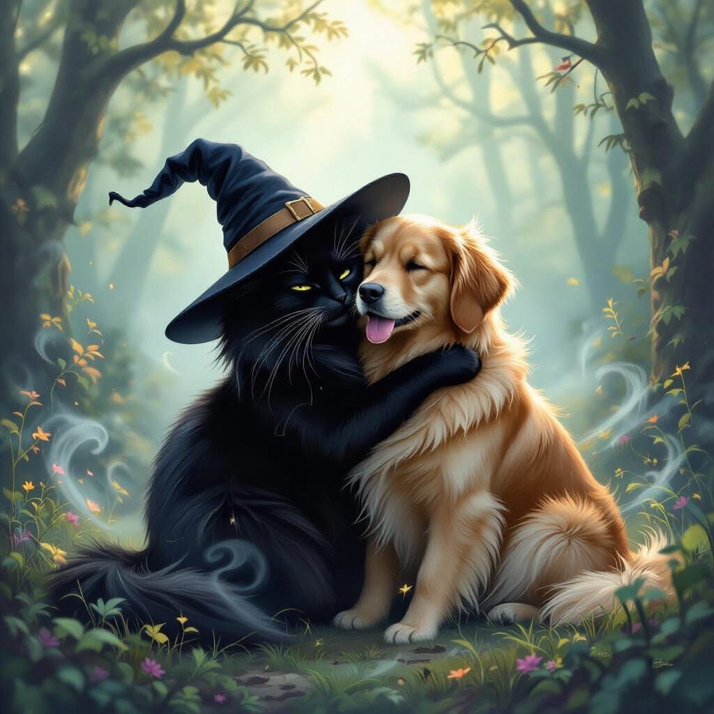 Black Cat Hugs Dog in Enchanted Forest