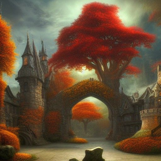 Autumnal Fantasy: Castle Courtyard with Maple Tree
