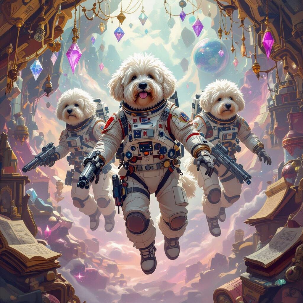Old English Sheepdog Merchants in Zero-Gravity Bazaar