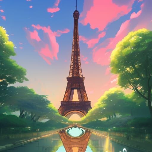 Eiffel Tower in Studio Ghibli Anime Style