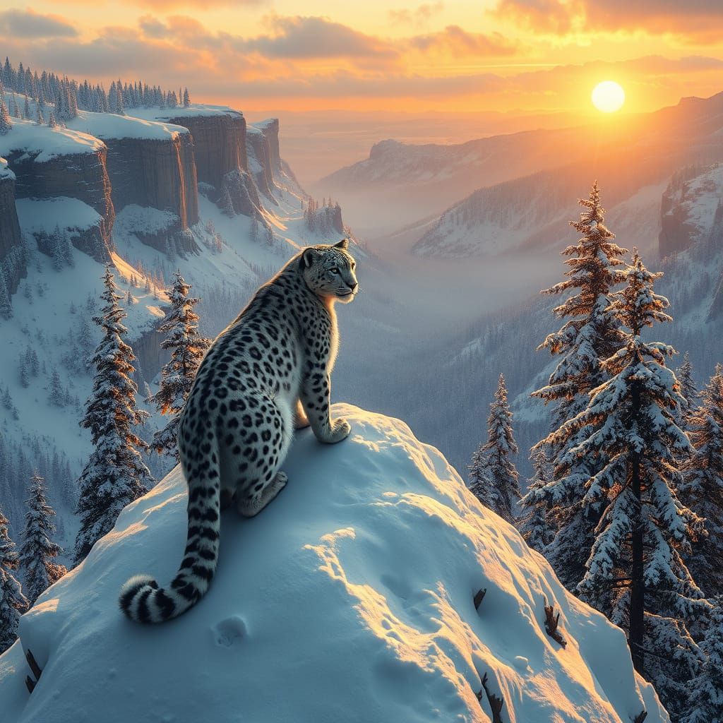 Majestic Snow Leopard Dominates Pristine Winter Landscape in...