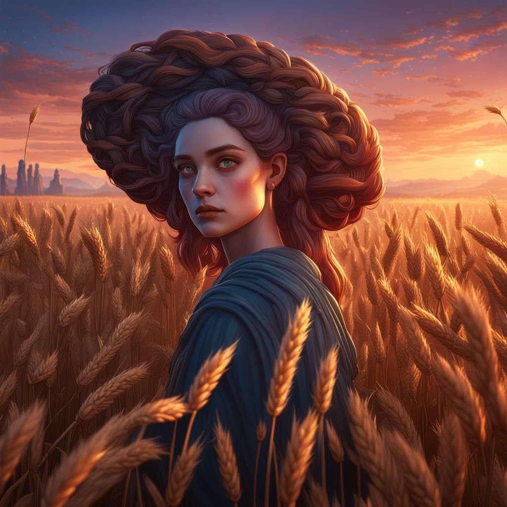 Persephone in Wheat Field: Detailed Matte Painting