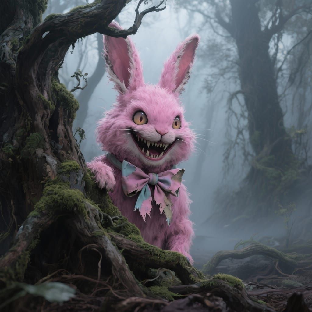 Pink Youkai Rabbit Lurks in Misty Forest with Psychotic Grin