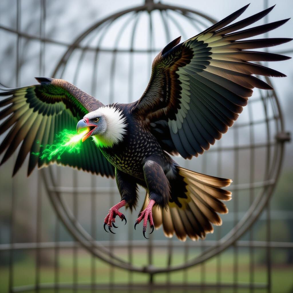 Fiery Vulture Trapped in Cage with Red Talons