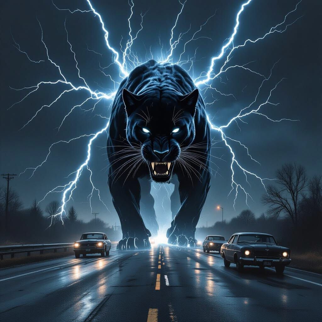 Ghostly Panther with Lightning on Dark Road