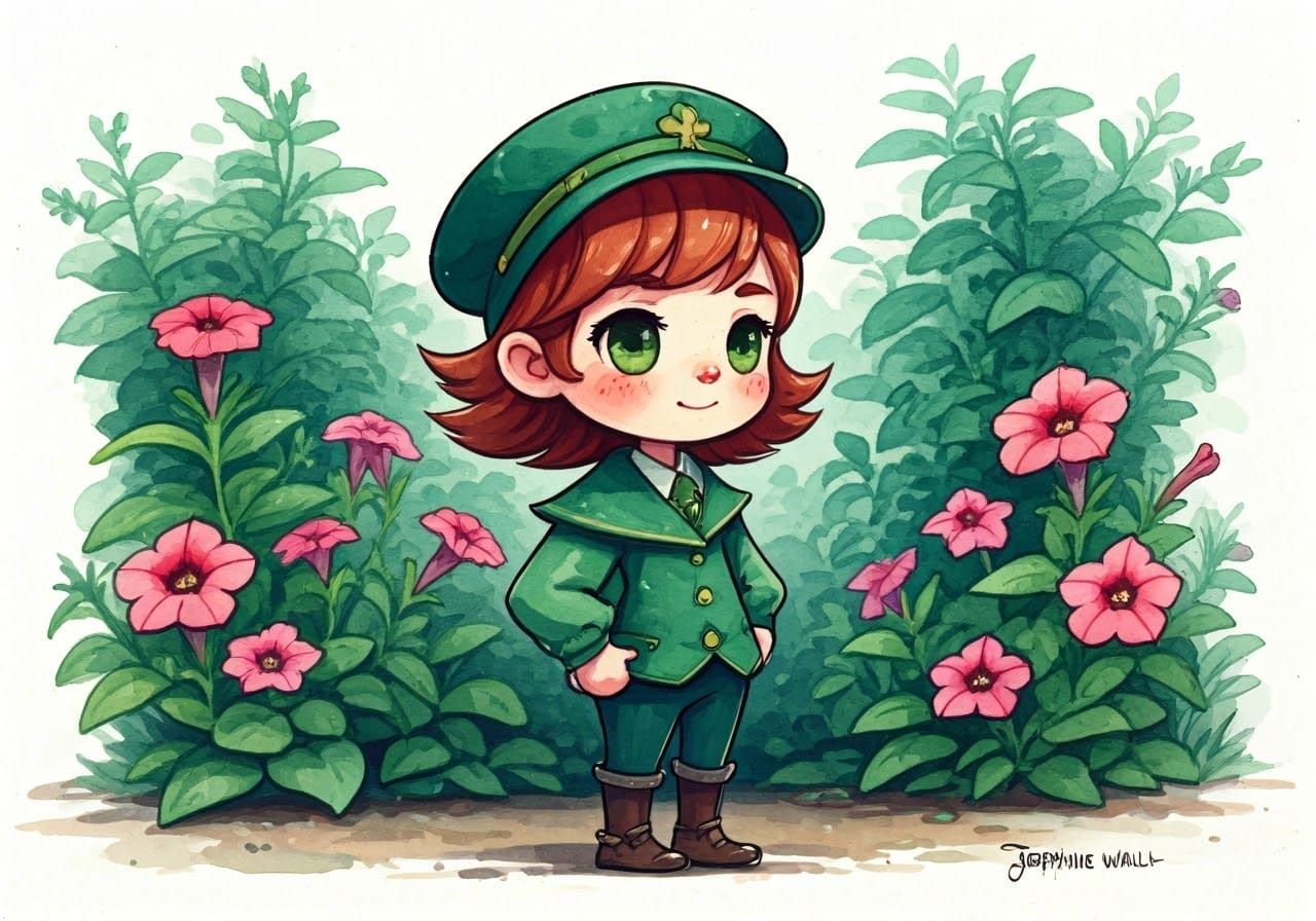 Leprechaun in Petunia Garden: Watercolor and Ink