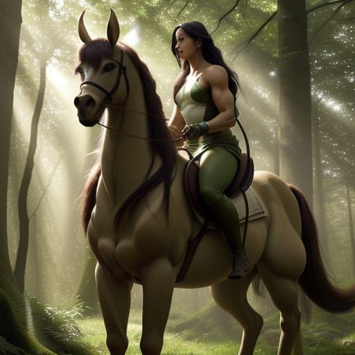 Hyperrealistic Centaur Playing Lyre in Forest Clearing