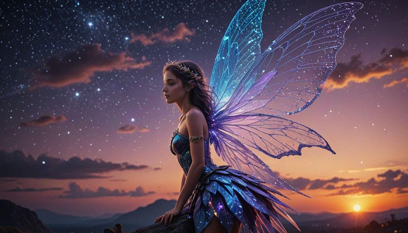 Ethereal Fairy with Cosmic Wings Illuminates Twilight Sky