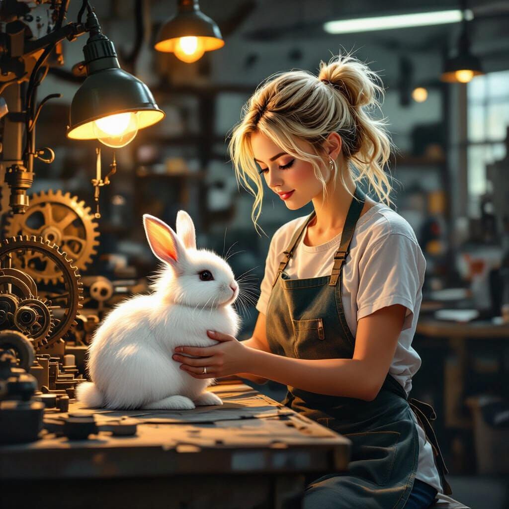 Bunny and Woman in Machine Shop