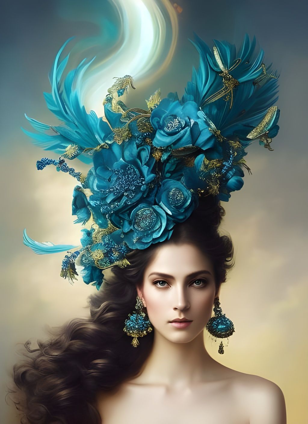 Cyan-Haired Goddess with Golden Headpiece, Digital Art